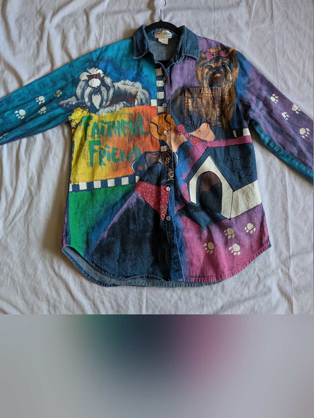 Vintage Kolorway Hand-Painted Dog Button-Up Denim Shirt Sz L OOAK Wearable Art